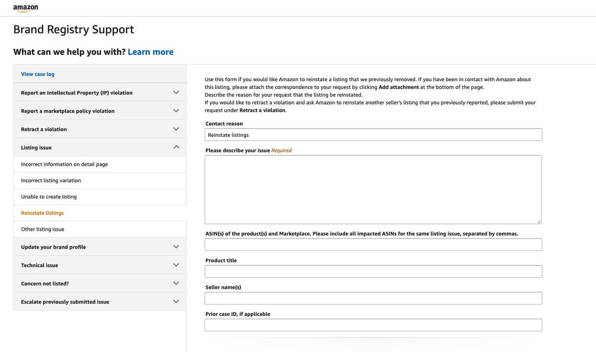 Brand Registry Support Screenshot