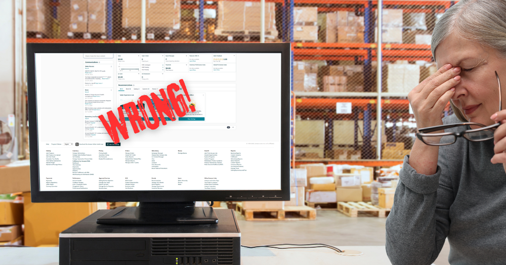 woman in warehouse with errors/wrong on the computer on Amazon Seller Central screen