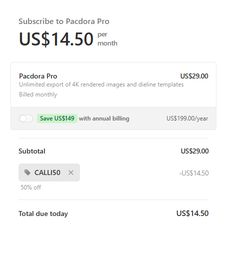 Screenshot showing that a $29.00 Pacdora Pro plan is discounted by 50% with the promo code CALLI50 to discount the price to $14.50.